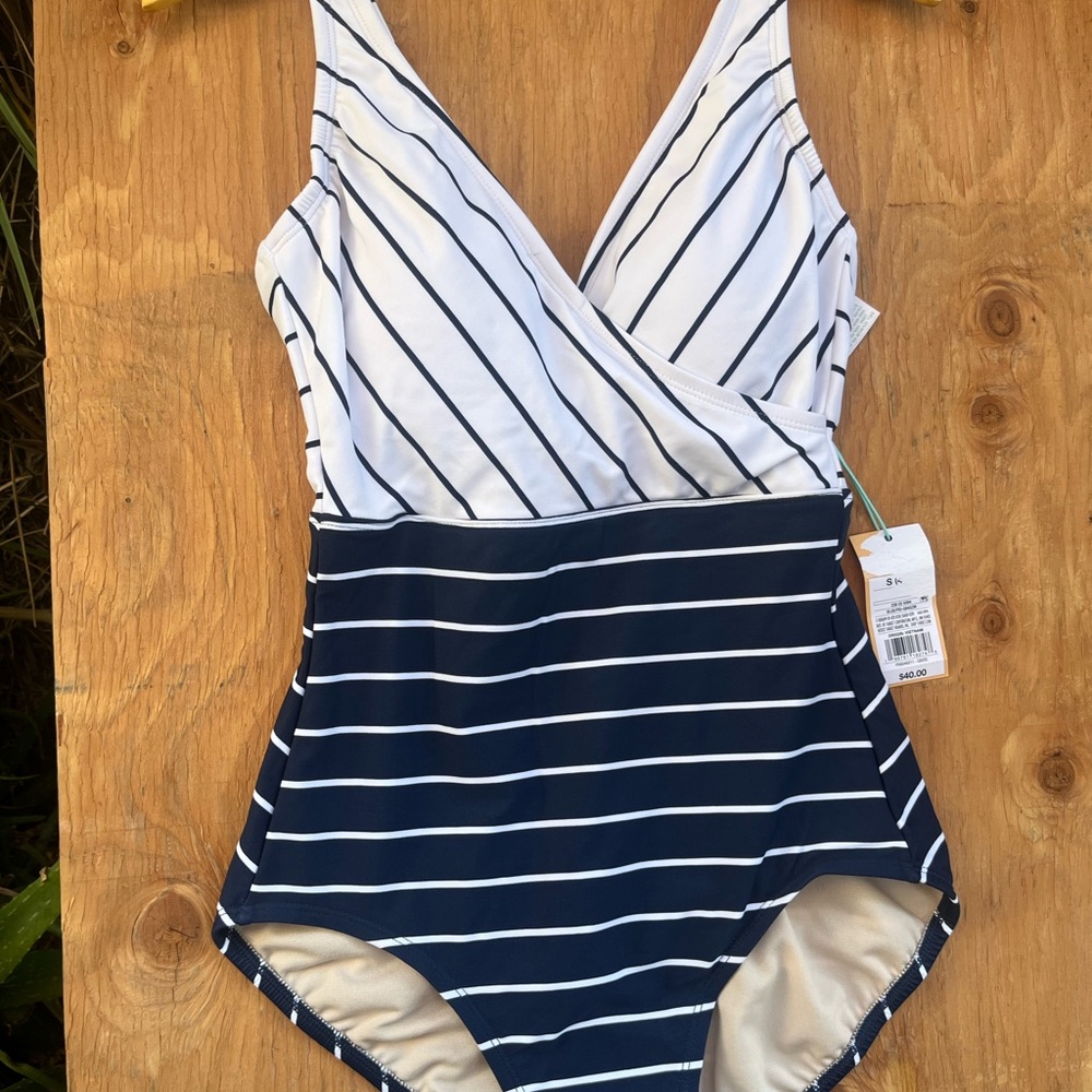 Kona Sol White and Blue One Piece Swimsuit Nautical Stripes